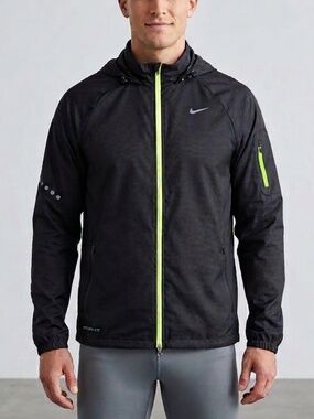 NWOT Nike Storm-FIT Mens Running Jacket Black Neon Green Zip Windbreaker MED